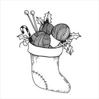 ilustração vetorial em estilo doodle. meia de natal com fios de presentes, agulhas de tricô, agulha de crochê. presente para o ano novo e natal, símbolo de tricô, crochê, bordado, feito à mão vetor