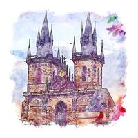 praga república tcheca esboço em aquarela ilustração desenhada à mão vetor