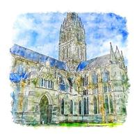 ilustração desenhada à mão em aquarela da catedral de salisbury vetor