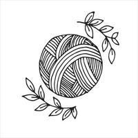 ilustração vetorial em estilo doodle. um novelo de lã e uma coroa de folhas. logotipo simples, ícone com uma bola de lã para tricô, crochê. símbolo de hobby, bordado, feito à mão. desenho de linha vetor