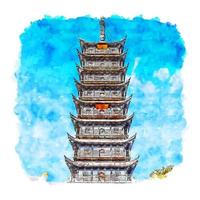 pagode xangai china esboço em aquarela ilustração desenhada à mão vetor