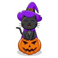 lindo gato preto com chapéu de bruxa sentado na abóbora de halloween vetor