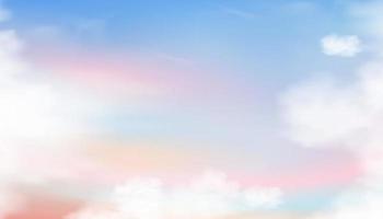 tom pastel do céu com nuvem fofa em azul, rosa, roxo, laranja de manhã, fantasia mágica céu colorido do sol na primavera ou verão, ilustração vetorial fundo de nuvem de algodão doce para banner de férias vetor