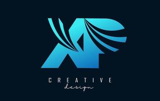 logotipo criativo de letras azuis xp xp com linhas principais e design de conceito de estrada. letras com desenho geométrico. vetor