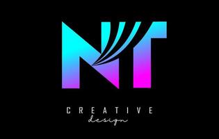 letras coloridas criativas logotipo nt nt com linhas principais e design de conceito de estrada. letras com desenho geométrico. vetor