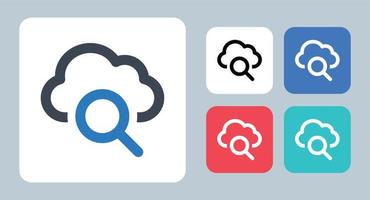 ícone de pesquisa em nuvem - ilustração vetorial. nuvem, dados, pesquisa, encontrar, armazenamento, explorar, lupa, servidor, rede, linha, contorno, plano, ícones. vetor