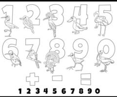 desenho de números educacionais com pássaros em quadrinhos para colorir vetor