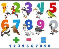 números educacionais definidos com personagem animal de pássaros de desenho animado vetor