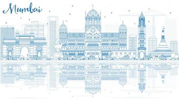 contorno do horizonte de mumbai com marcos azuis e reflexões. vetor