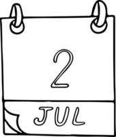 calendário desenhado à mão em estilo doodle. 2 de julho. dia mundial dos jornalistas esportivos, ufo, data. ícone, elemento de adesivo para design. planejamento, férias de negócios vetor