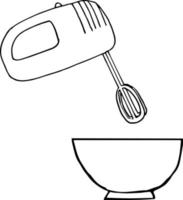 misturador e tigela conjunto ícone, conceito. estilo doodle desenhado à mão. , minimalismo, monocromático, esboço. pratos, mistura de massa de comida creme batida vetor