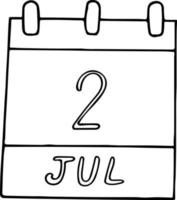 calendário desenhado à mão em estilo doodle. 2 de julho. dia mundial dos jornalistas esportivos, ufo, data. ícone, elemento de adesivo para design. planejamento, férias de negócios vetor
