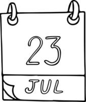 calendário desenhado à mão em estilo doodle. 23 de julho. dia mundial das baleias e golfinhos, data. ícone, elemento de adesivo para design. planejamento, férias de negócios vetor