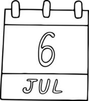 calendário desenhado à mão em estilo doodle. 6 de julho. dia mundial do beijo, encontro. ícone, elemento de adesivo para design. planejamento, férias de negócios vetor