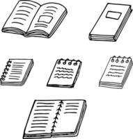 livros e cadernos definem elementos desenhados à mão no estilo doodle. coleção de volta à escola. ícone, adesivo, cartão, design vetor