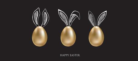 Feliz Páscoa. conjunto de orelhas de coelho. ovos de ouro. ilustração desenhada à mão. vetor