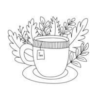 Olá página de colorir de vetor de outono com xícara de chá e folhas de outono. página para colorir fofa para crianças e adultos com uma xícara de chá