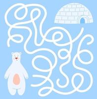 labirinto de inverno para crianças. um urso polar branco fofo está procurando um caminho para o iglu. vetor