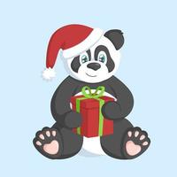 panda bonito no chapéu de Papai Noel com caixa de presente vermelha. conceito de férias. vetor
