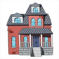 casa de tijolo vermelho com sótão e varanda. mão desenhada ilustração vetorial colorida. vetor