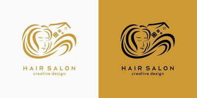 salão de cabeleireiro ou design de logotipo de cuidados com o cabelo, rosto de mulher de cabelos compridos combinado com ícone de casa no conceito desenhado à mão vetor