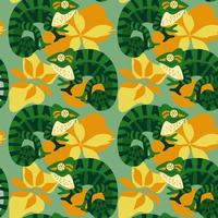 padrão perfeito com camaleões fofos e engraçados mostram sinal de paz entre folhas tropicais de folhagem. crianças, páginas da web, papel de embrulho, papel de parede, ilustração vetorial desian têxtil. vetor