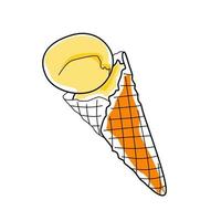 sorvete de baunilha em um cone de waffel desenhando contorno de mão e ilustração de cores vetor