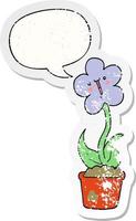 flor de desenho animado bonito e adesivo angustiado de bolha de fala vetor