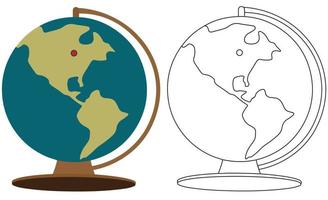 suprimentos de mesa do globo da terra dos desenhos animados, contorno e clip-art colorido do mapa do mundo.