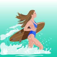 uma garota de cabelos castanhos em um maiô azul com uma prancha de surf corre para o mar vetor