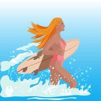 uma garota em um maiô rosa com uma prancha de surf corre para o mar vetor