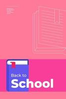 volta ao cartaz vertical na moda mínimo da escola com livro e texto. design de folheto criativo de cor rosa de fundo de publicidade educacional de temporada. banner de eps de vetor minimalista simples plano