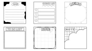 conjunto de coleção do memorando preto e branco fofo, papel, nota, lembrete, post, planejador, lista de tarefas, papel de lista de verificação em fundo branco vetor