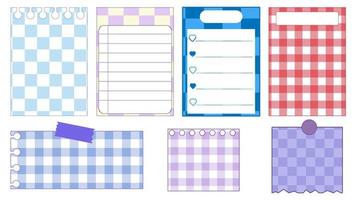 conjunto de damas bonitos, bloco de notas de papel guingão, memorando, planejador, nota autoadesiva, lembrete e diário. bonito, simples e imprimível vetor