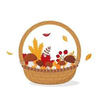 cesta de vime vetorial com cogumelos e folhas de outono vetor
