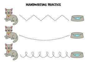 linhas de rastreamento para crianças. gato fofo. prática da escrita. vetor