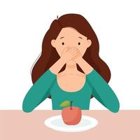 anorexia. uma jovem triste está sentada com um prato vazio com uma maçã. a menina está cansada de comida. risco da dieta. ilustração vetorial plana. vetor