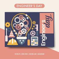 cartão de convite de saudação do dia do engenheiro moderno moderno. capacete, chave de fenda, máquina-ferramenta. vetor