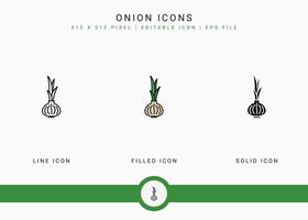 ícones de cebola definir ilustração vetorial com estilo de linha de ícone sólido. conceito saudável vegetal. ícone de traçado editável em fundo isolado para web design, interface de usuário e aplicativo móvel vetor