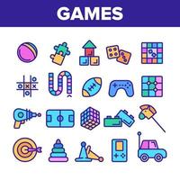 conjunto de ícones de linha fina de vetor de jogos para crianças de cor