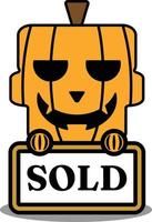 personagem de mascote de abóbora de desenho vetorial crânio bonito de halloween segurando uma placa vendida vetor