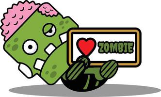 personagem de mascote de vetor de desenho animado zumbi de halloween crânio verde placa de amor de zumbi bonito