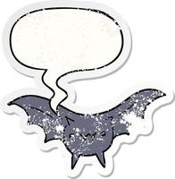 adesivo em apuros de morcego de desenho animado e bolha de fala vetor