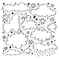 doodle nuvens e estrelas. conjunto vetorial de nuvens de doodle desenhadas à mão de diferentes formas e tamanhos. coleção de várias bolhas e estrelas isoladas no fundo branco. vetor