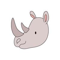 cabeça de rinoceronte dos desenhos animados isolada. ilustração vetorial colorida de uma cabeça de rinoceronte com um contorno em um fundo branco. ilustração fofa de um animal com chifres. vetor