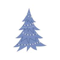 árvore de Natal azul dos desenhos animados em um fundo branco. árvore de natal decorada com guirlandas. ilustração vetorial de estoque isolada vetor