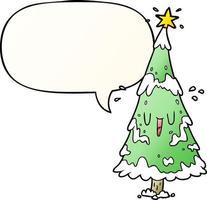 árvore de natal nevada dos desenhos animados e cara feliz e bolha de fala no estilo de gradiente suave vetor