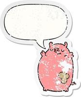 adesivo em apuros de porco gordo de desenho animado e bolha de fala vetor