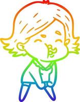 desenho de linha de gradiente de arco-íris garota de desenho animado puxando o rosto vetor