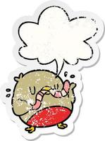 adesivo angustiado de pássaro de desenho animado comendo minhoca e bolha de fala vetor